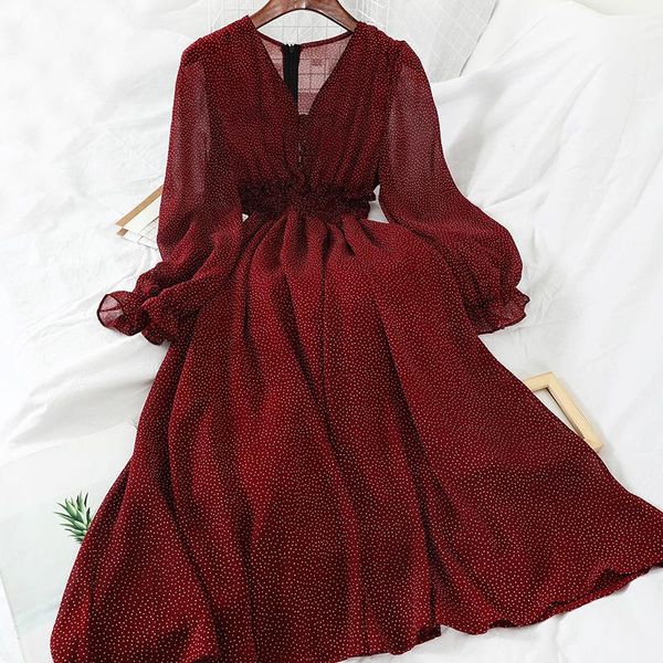 

casual dresses autumn v neck polka dot slim chiffon dress button puff sleeve high waist elegant women mid-calf vestido floral, Black;gray