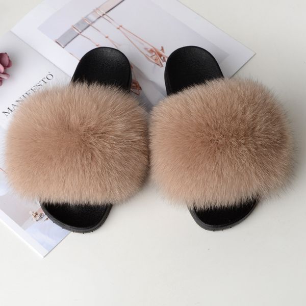 

slippers sale real nature fox fur comfort with feathers slides sandal for women female furry indoor fluffy 8d3k, Black