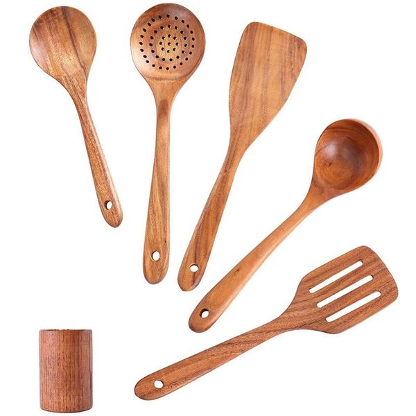

spoons wooden for cooking 6 pack utensils kitchen natural teak and spatula with holder