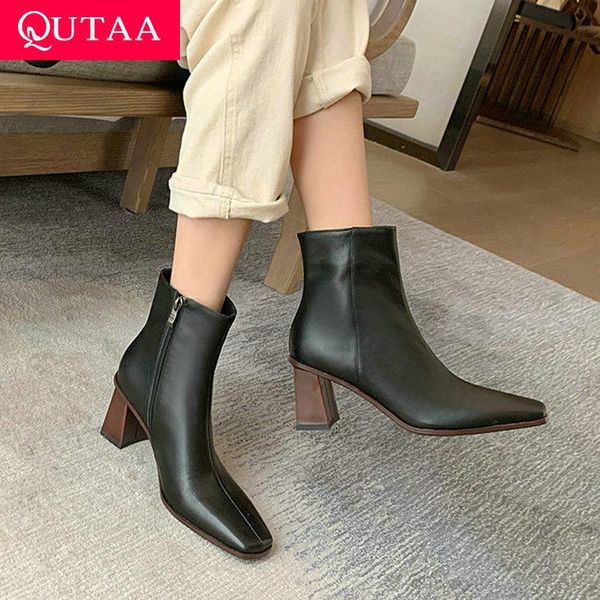

boots qutaa 2022 autumn winter ankle square toe cow leather quality women shoes heel zipper fashion size 34-40, Black