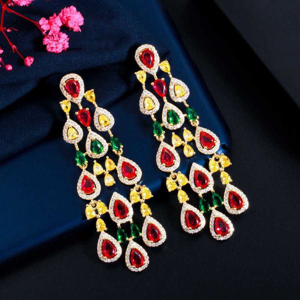 

multicolor cz dangle tassel water drop long big chandelier earrings for women engagement wedding brides jewelry cz847 210714, Silver