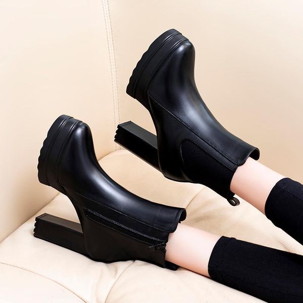 

boots fashion 10cm thick heel short pu leather women1, Black