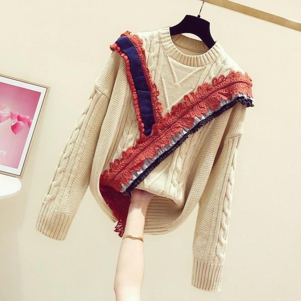 

women's sweaters 2021 autumn winter women pullovers color block lace patchwork long sleeve knitted all-match casual, White;black