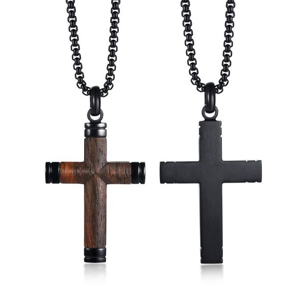 Collane con ciondolo Materiale in legno Croce Pendenti lunghi da uomo Catena Punk per ragazzo Maschio Gioielli in acciaio inossidabile Regalo di creatività All'ingrosso