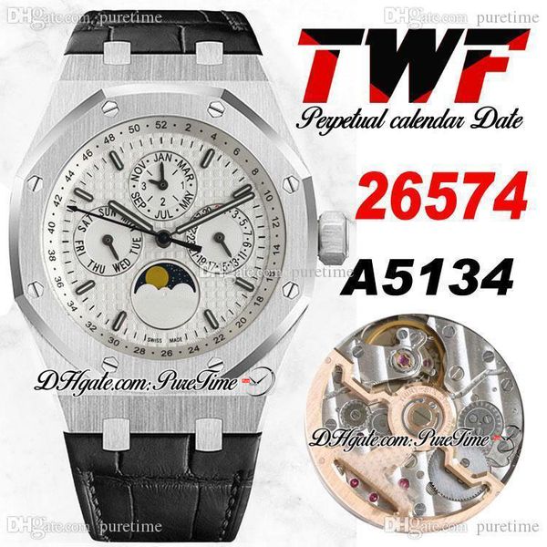 

twf 41mm 26574 complicated function a5134 automatic mens watch moon phase white texture dial black leather strap super edition ptpa new 2021, Slivery;brown