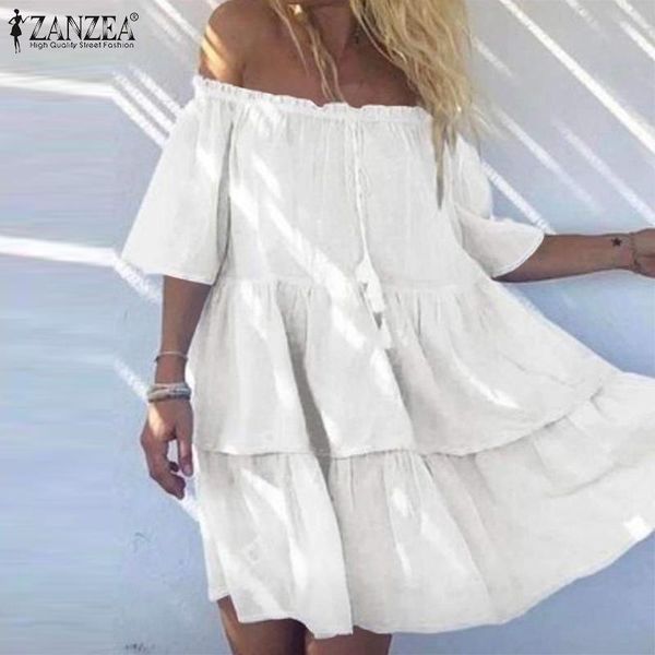 

party dresses zanzea women summer bare shoulder beach mini dress bohemian boat neck short sleeve sundress casual solid holiday vestidos, White;black