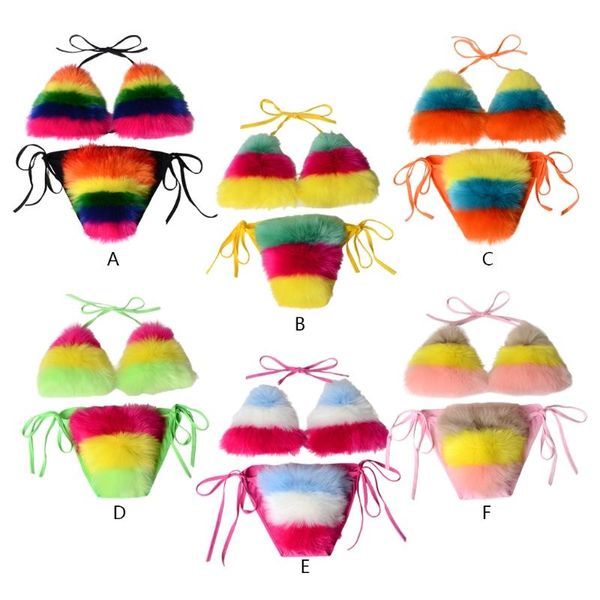 

one-piece suits women summer 2 piece bikini set faux fur rainbow striped halter swimsuit tie side plush bathing suit party clubwear
