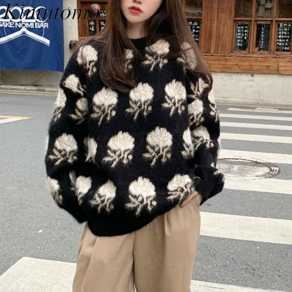 

kimutomo women rose jacquard knitted sweater spring autumn female o-neck chic long sleeve pullover knitwear fashion 210521, White;black