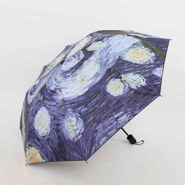 Vincent van Gogh Ölgemälde Sternennacht Drei faltbarer Regenschirm 8 Rippen windabweisender Rahmen für Damen Herren Kinder 210320
