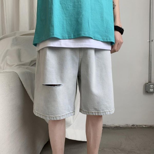 

men's shorts summer denim hole solid color straight fashion casual tooling pants loose trend light five-point, White;black