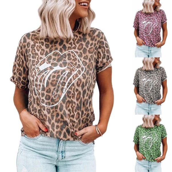 

explosions selling ladies leopard print shirt lip round neck short sleeve t-shirt t for women graphic women's, White