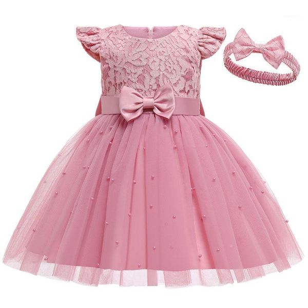 Vestidos da menina Ins 2022 Roupas de Crianças Pérola Bowknot Rosa Malha De Laço Bebê Menina Princesa Vestido Para Meninas Partido Puffy Enviar Headband