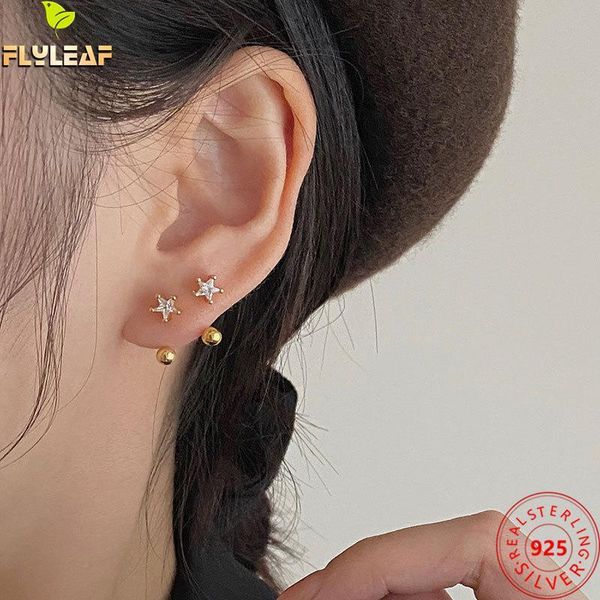 

stud 100% 925 sterling silver earrings for women star gold fine jewelry earings fashion zircon screw buckle round bead, Golden;silver