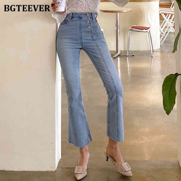 

jeans autumn street skinny flare pants for women casual high waist irregular buttons ladies denim jeans hn06, Blue