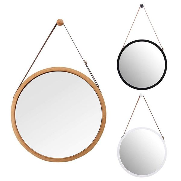 

mirrors hanging round wall mirror in bathroom & bedroom - solid bamboo frame adjustable leather strap