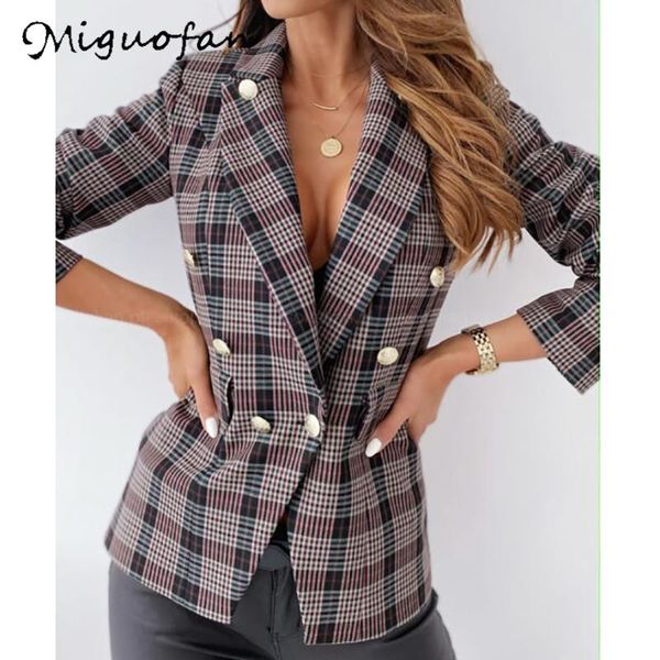 

miguofan plaid jacket coat vintage office ladies double breasted 2021 women clothing chaqueta winter abrigos women's jackets, Black;brown