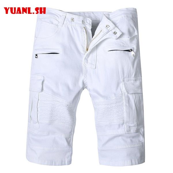 

white bermuda jeans biker shorts plus size stretch mens summer wear fashion casual slim fit cargo homme longueur genou men's, White;black