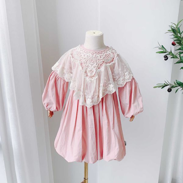 Lolita Kızlar Dantel Fener Kollu Gevşek Pamuk Elbise Çocuklar Için Prenses Yumuşak Bebek Kız Giysileri Pembe Güzel Giyim 210529