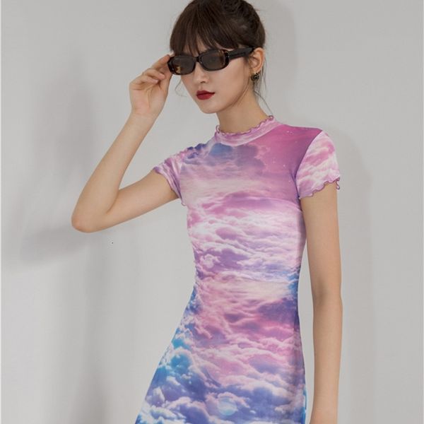 

casual dresses designer mesh summer bodycon women pink cloud print stand collar short sleeve tight mini high fashion 9qpe, Black;gray