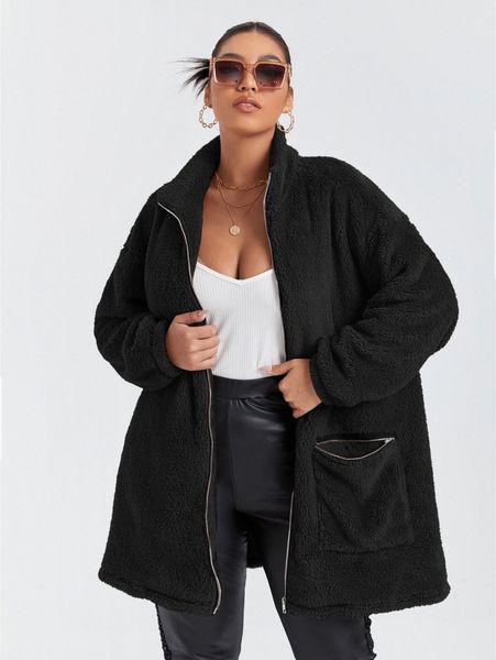 

plus zipper pocket drop shoulder flannel coat m3q1#, Black