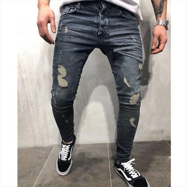 

boys ripped jeans stretchy skinny women pant slim fit denim destroyed frayed moustache effect trousers fashion streetwear, Black