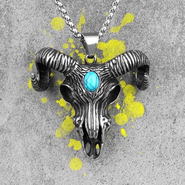 

pendant necklaces demon sheep head skull long men necklace chain punk for boyfriend male stainless steel jewelry creativity gift wholesale, Silver