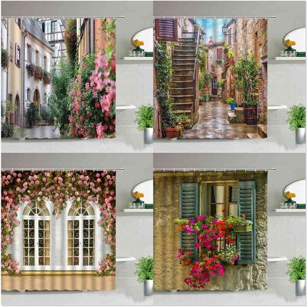 Blumen Frühling Landschaft Badezimmer Set Duschvorhang Straße Rot Rosa Blume Retro Design Garten Wanddekoration Hängende Vorhänge 210915