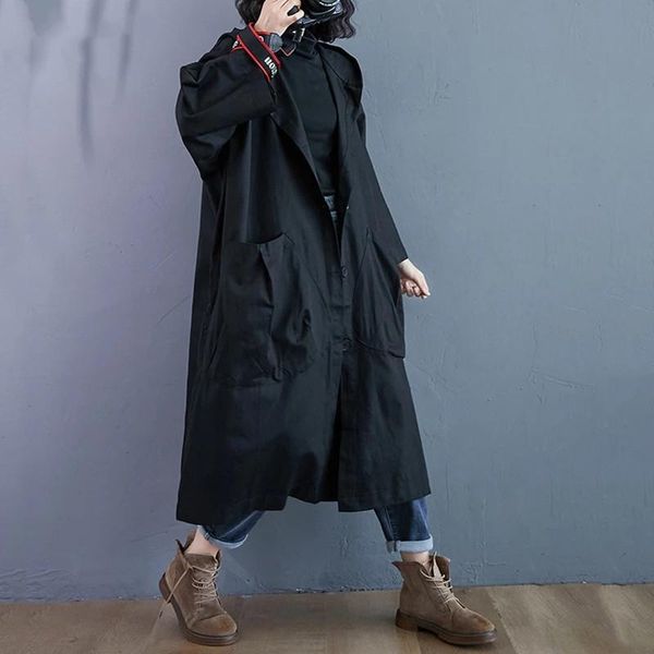 

women's trench coats cotton hooded casual loose long autumn spring coat for women 2021 clothes outerwear, Tan;black