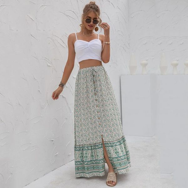 

skirts women clothing casual boho print lace up maxi summer fashion empire loose long skirt green slit beach womens 2021, Black