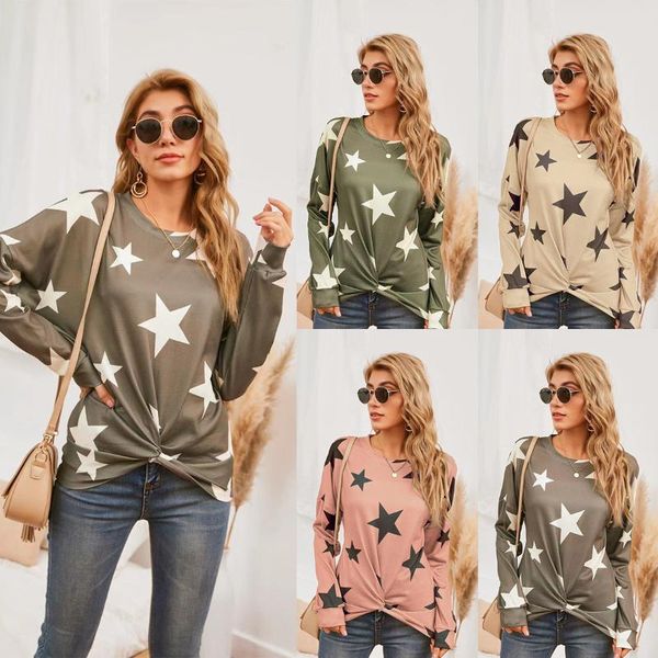 

women's t-shirt 2021 spring female star pattern long sleeve personality irregular round neck top, White