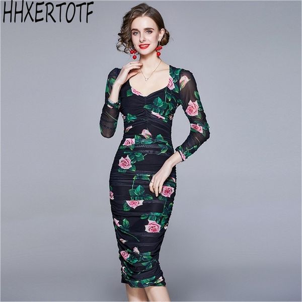 

spring fashion elegant women v neck floral print bodycon dress long sleeve bag hip dress 210531, Black;gray