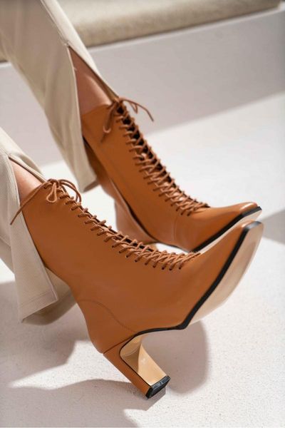 

boots zipper detail lace-up women heeled ankle handmade 2022 autumn winter cross-tied heels woman, Black
