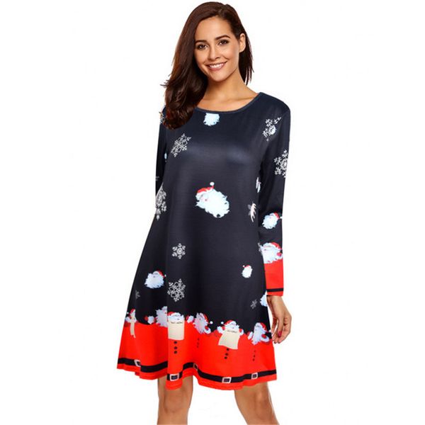

20214xl 5xl large size dress casual printed cartoon christmas dress autumn winter long sleeve a -line dress plus size women clothing, Black;gray