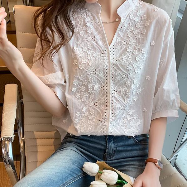 

women's blouses & shirts fashion v-neck embroidery cotton white 2021 lantern sleeve short summer blouse clothing blusas