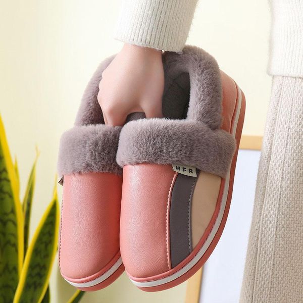 

slippers 2021 leather waterproof female home floor soft plush footwear platform outdoor flat women winter slides shoes, Black