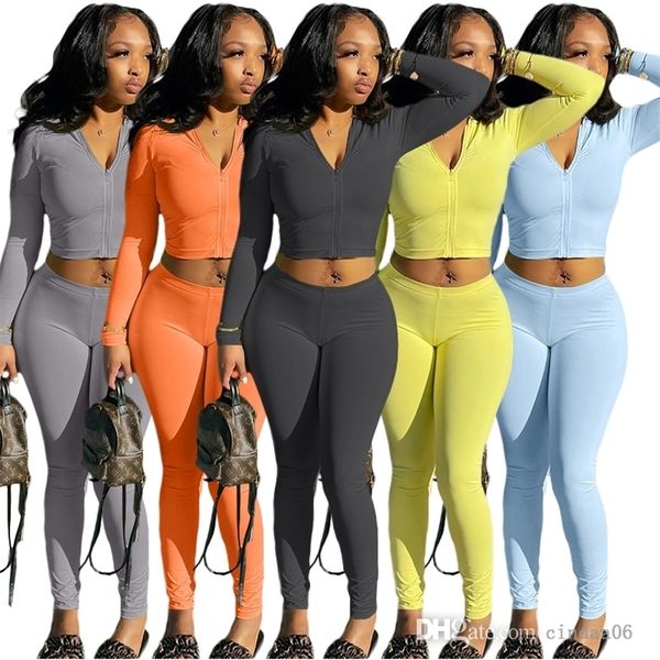 

women tracksuits two piece pants set spring sports suit solid color hooded zipper cardigan long sleeve pant slim jogger suit, Gray