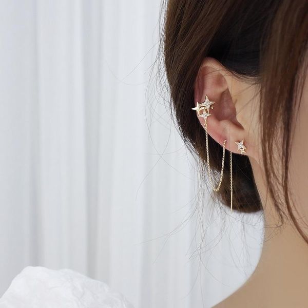 

dangle & chandelier exquisite 14k gold geometric zircon ear line earring for women french style handmade asymmetrical korean fashion jewelry, Silver