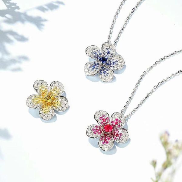 

chains independent design silver inlaid full diamond small flower shape red blue crystal citrine necklace pendant lady jewelry