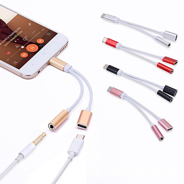 USB-C a 3.5 AUX Cabo de áudio 2IN1 Tipo USB C a 3.5mm Jack Splitter Audio USB C Fone de ouvido Adaptador de carregamento do cabo