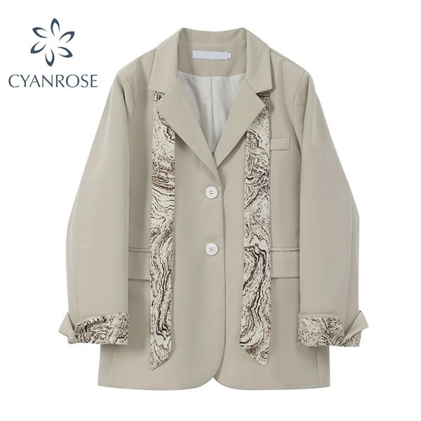 

spliced ribbon blazer coat notched collar korean loose cardigan khaki jacket female pocket retro chic office lady ol relax outer 210515, Black