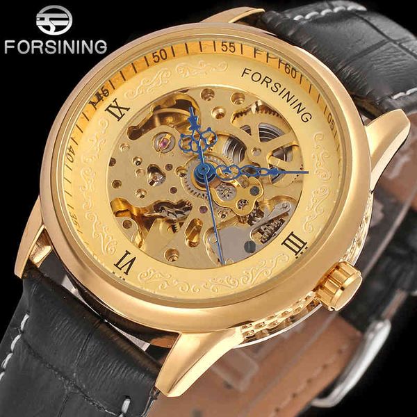 

transparent skeleton dial gentlemen clock brand luxury automatic mode mechanical leather band gold vintage man, Slivery;brown