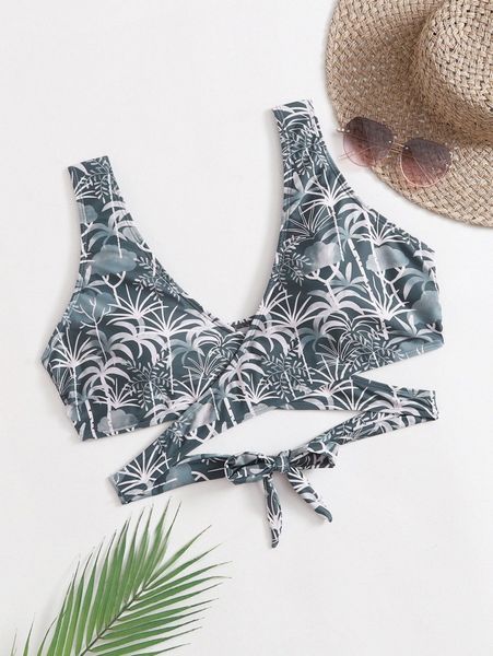 

plus plant print wrap bikini e4yn#, Black
