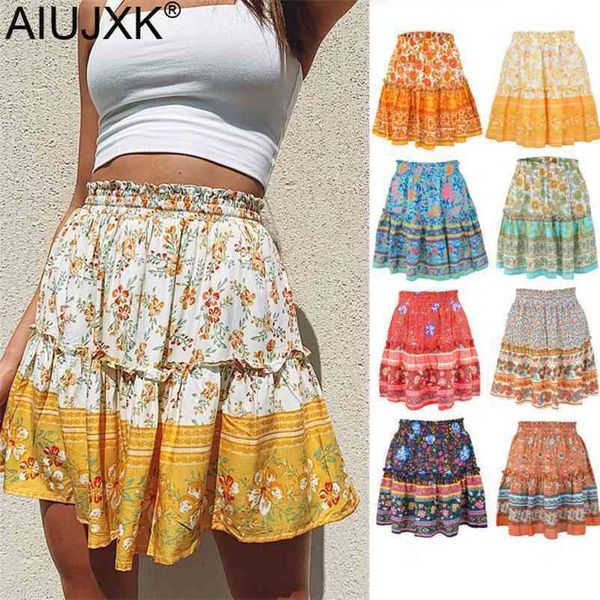 

aiujxk summer vintage floral print skirt women beach ruffles boho style casual high waist mini pleated skirts dropshipping 210325, Black