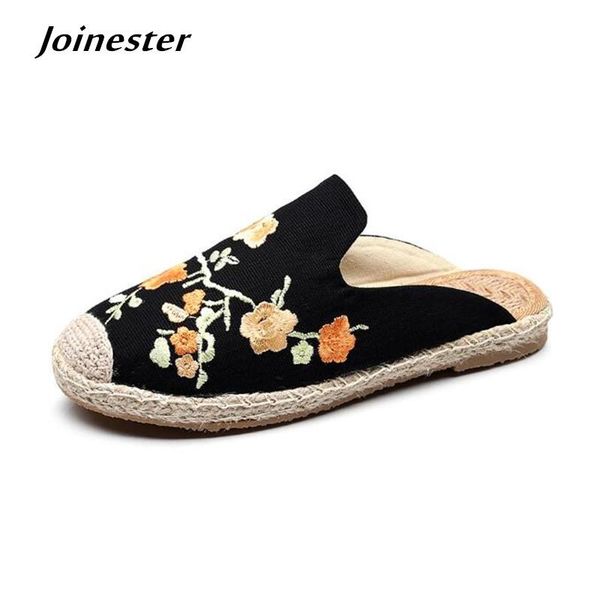 

summer women straw braided embroidered outdoor slippers girls vintage flat heeled slides ladies beach slipper canvas mules, Black