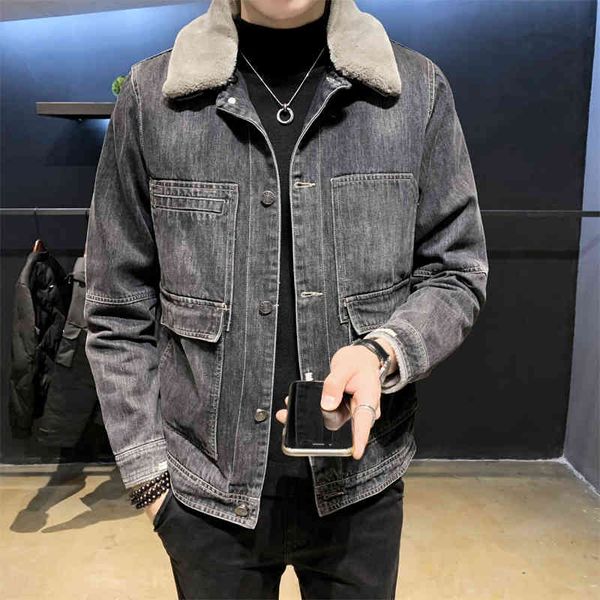 

jackets autumn thick denim male clothes 2021 fashion turn down collar big pocket casual jeans 3xl alx6, Black;brown