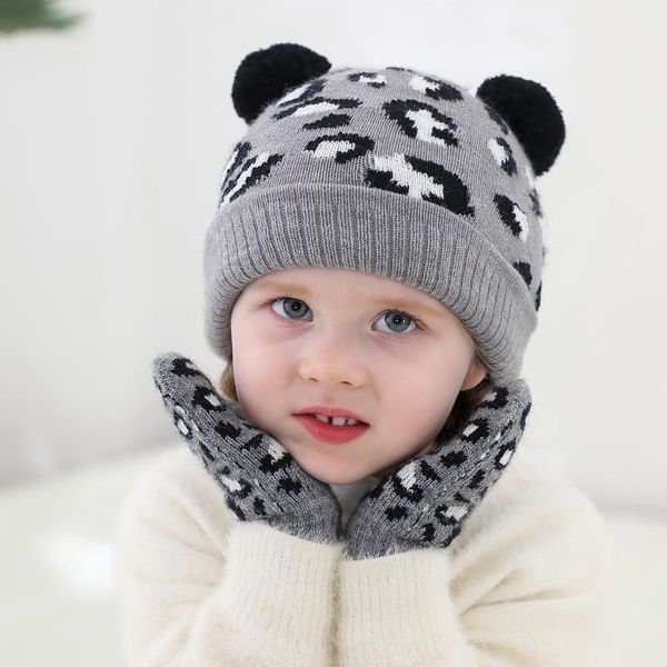 

caps & hats leopard print children's hat baby +glove set autumn and winter knitted born for 0-3 years old, Yellow