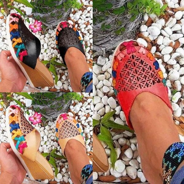 

slippers women sandals casual slope heel thick-soled hollow color-block breathable comfort beach shoes flip flops zapatos mujer, Black