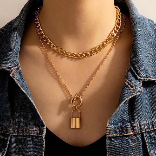 

retro gold color lock key pendant necklace creativity geometric double layer metal sweater chain for women jewelry 16808 necklaces, Silver