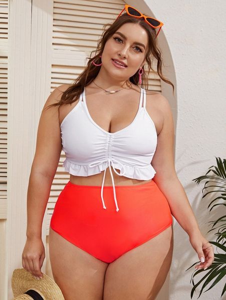 

plus color block drawstring ruffle hem bikini swimsuit 3282#, Black