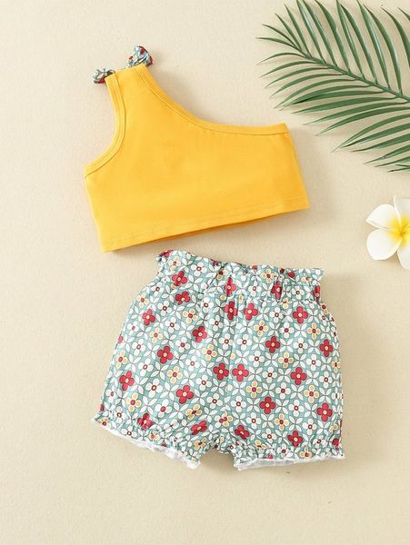 

baby one shoulder bow detail & floral print paperbag waist shorts she, White
